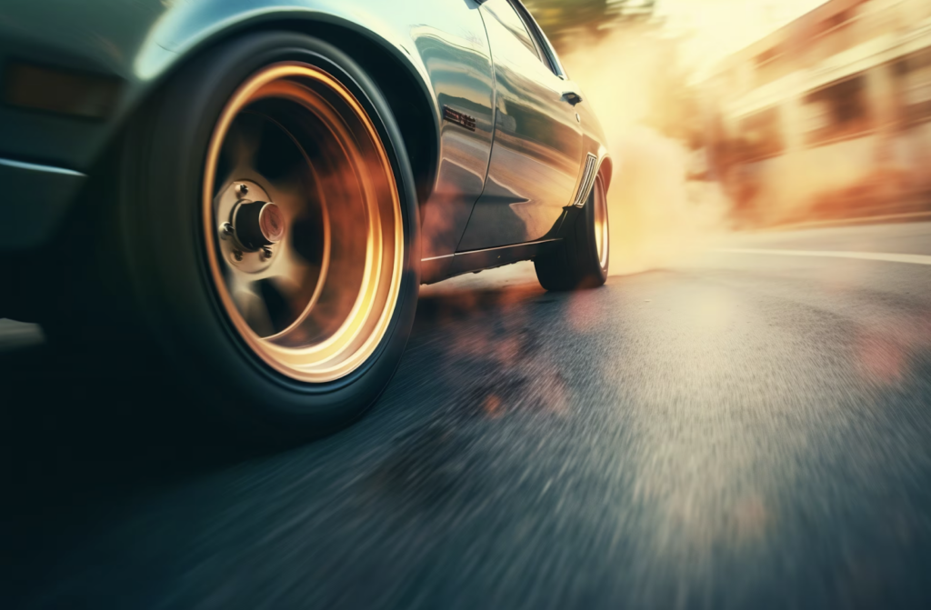 View of wheel on car running at high speed