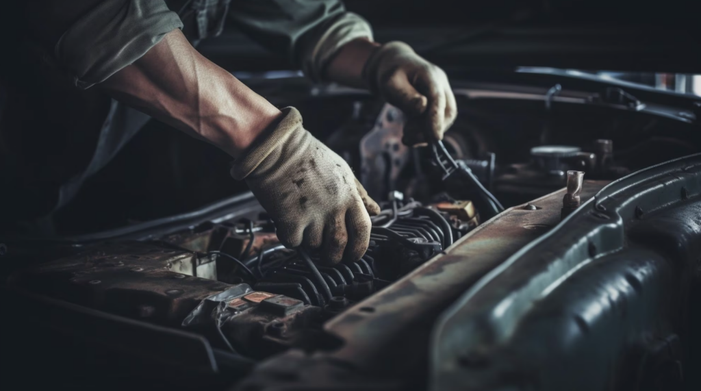 Mechanic repairing car engine with wrench tool