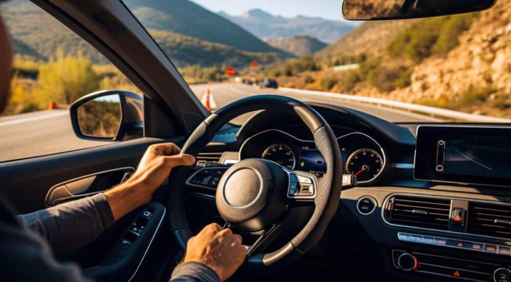 person driving the car, hands on the wheel, the landscape of mountains and road